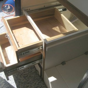 Drawers and hatch installed in rear dinette seat