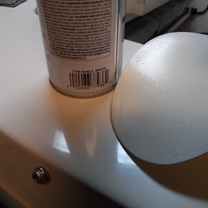 Media 'This is the Rustoleum paint that I used.  I sprayed my spare prop to see how close it was to the C Dory gel coat color.' in album 'This is my home-brew insulating paint.  It is some leftover latex water proofing paint used on concrete block prior to applying a stucco finish.  It dries thick and to a consistency about like a pencil eraser.  I'm adding micro balloons to it (the secret ingredient).'