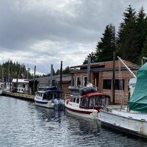 Point baker dock where Jody & I spent the night.  the buildings housed the last floating bar in Alaska.  Now shut down & forsale