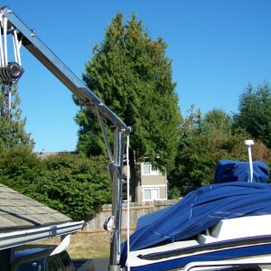 Garhauer davit used for crab pots, loading and unloading dinghy on roof, and for assistance with man overboard.