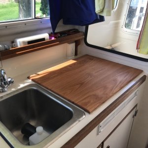 KISS stove removed and Butcher Block (Oak board) installed.