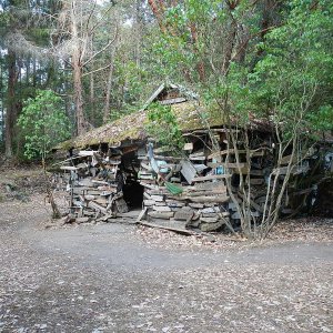 Cabin with carved driftwood boat names. It's a tradition, I guess. Quite the sight both inside and out.