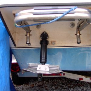 Media 'Drilled thru both swim step and the boat for the hydro line. No real need to remove and notch out the swim step.' in album '"Mini Jacker" fixed kicker mount.  Allows the engine to sit a dab to the rear.Help with turning both directions and with the angle of the stern to keep the prop out of the water while running the main.'
