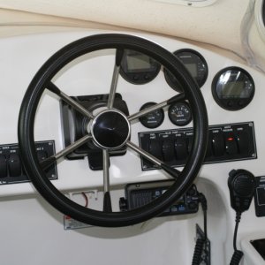 The helm (so far!) - Honda digital gauge upgrade (speed, fuel level, battery voltage, trip meter, fuel flow gph); icom M304 VHF. More to come!