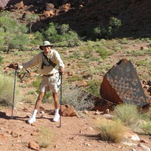 Dr Bob (thataway) by petroglyphs, Cha Canyon