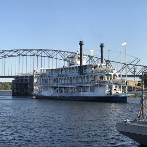 Riverboat \"Twilight\" that runs between Leclaire and Dubuque. (Pulling into right beside all of us.)
