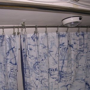 Curtains closed for privacy.