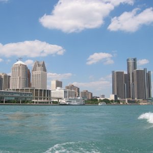 (C-batical) Skyline of Detroit, MI.  General Motors World Headquarters is on the right.