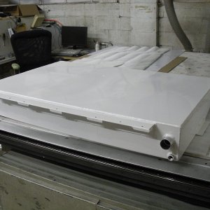 One of the two new fuel tanks, 1/8" aluminum powder coated white, 22 gallons, to be mounted one on each side of the boat