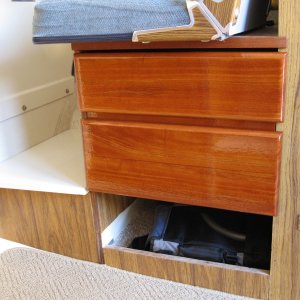 Media 'Two new drawers.  Mahogany fronts.  Pico chair (folding chair in a bag) stowed underneath.' in album 'I could have purchased a swim platform made from 'frozen snot' (fiberglass), but decided to build one using teak.'