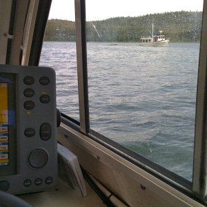 Passing Nordic Tug on way out of Oliver Inlet