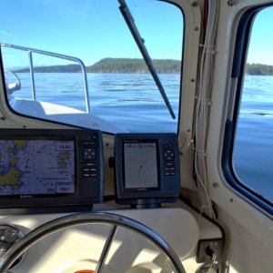 Rosario Strait nice and calm. Slow cruising at 1800 rpm ever since James Island