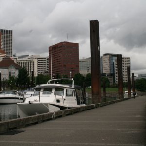 Media 'The public dock at Riverplace Marina - City of Portland in the background (typical Oregon overcast sky)' in album 'Tied up at Willamette park'