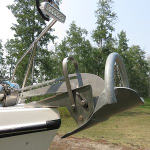 Media 'LED light on Bow Rail and Manson Supreme Anchor.  I had to paint the upper part of the anchor black to reduce glare off of it when the light is on.' in album 'Silvertip on Lake Atlin in NW British Columbia, June, 2017'