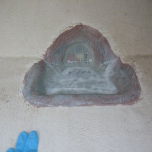 Coat of white-pigmented resin applied (it's normal for the pigment to be just sort of a "wash" of color like this, vs. a solid color).  As it turned out, I later removed this coat.