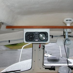 Sony marine stereo mounted under shelf in custom bracket of my design.