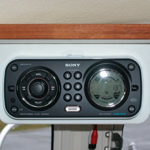 Closeup of the Sony CDX-HS70MW marine stereo unit.  Front opens to accept the CDs and is weather sealed.  Also has a remote control and I can plug in my iPod!  Sweet!