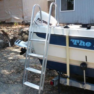 Media 'Got a new Pontoon Ladder. Fits snug and tight under cleat (for grankid type weights) Am going to have to devise system with standoffs for my weight. Also need to decide where to store the monster.' in album 'Got a new Pontoon Ladder. Fits snug and tight under cleat (for grankid type weights) Am going to have to devise system with standoffs for my weight. Also need to decide where to store the monster.'