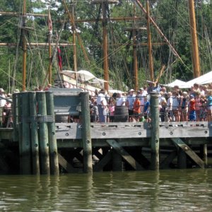 Jamestown tourists waiting for a ride on a C-Dory.

Well, actually they are waiting to tour the SUSAN CONSTANT, DISCOVERY or the GODSPEED - the Jamestown settlers, replicated vessels that brought them here.