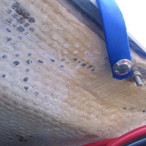 Media 'On boat end I used a screw-in snap stud.  This area was previously filled with thickened epoxy, so no wooden core was involved.' in album 'Removing perimeter balsa core, to be replaced with thickened epoxy.'