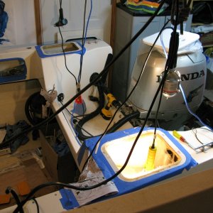 hatches, fuel fills, rod holders, downriggers back cut, filled with epoxy and glassed