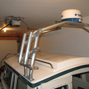 Media 'Folding radar arch' in album 'hatches, fuel fills, rod holders, downriggers back cut, filled with epoxy and glassed'