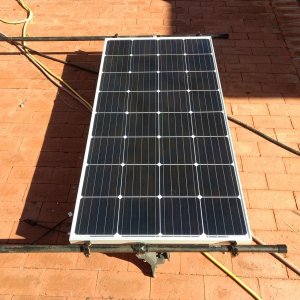 160 watt Renolgy solar panel mounted to the Desert Dory roof rack.