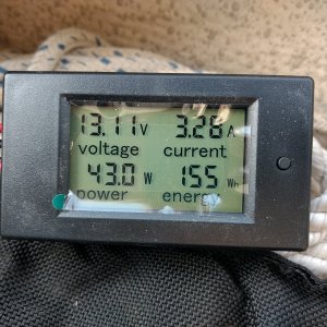 This was charge input earlier this morning when we had sun, which was roughly 70 degrees off axis from the panel. Should get somewhere around 7-9 amps input, on axis, and sunny.