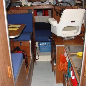 Cabin Interior -door on left is head, door on right is hanging locker.