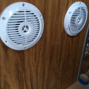new kennwood marine speakers in first port side seat hopefully we can get music onto deck without blasting people in the cabin
