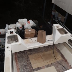 foam and coring bagged up in the background, all deck hardware removed at this stage