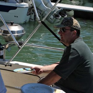 Rio Vista 136a, John (Dinner Belle II) BBQ'ing the stripers on Dora~Jean at Angel Island