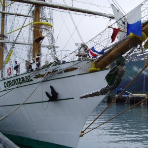 Mexican Navy tall ship Cuauhtemoc tied up at the Seward dock.