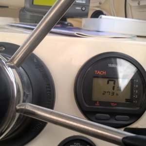 Here is the interplay between my tach, my fuel management system, and my plotter.  700 rpm gives 2.4 knts at .0 gallons per hour.  That is because my fuel management system doesn't give accurate rates at less than .1.  It does keep an accurate account of overall usage at this rpm.