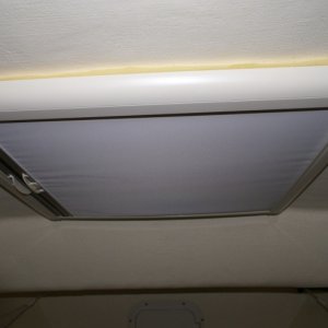 Boat mods 010 - Interior cover for V-berth hatch.  Shown with shade closed.