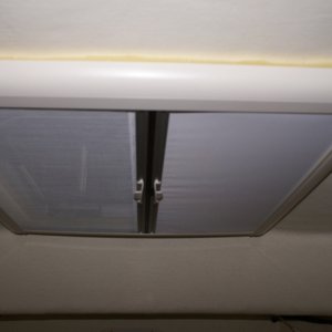 Boat mods 013 - Interior cover for V-berth hatch.  Shown with screen & shade each half closed.