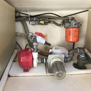 Pump and strainer for air conditioner, 750 gpm bilge pump, Flo-Scan fuel meter and 10 micron fuel filter located between fuel tanks.