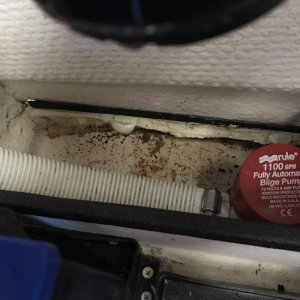 1,100 gph bilge pump in sump in galley counter cabinet.
