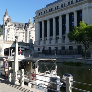 Ottawa city wall docking near the top of the "Flight of 8" stair-step locks that drop down to the Ottawa River.  end of the Rideau Canal if you start at Kingston, Ontario.