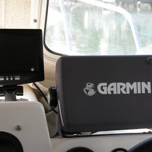 Backup system LCD color monitor beside GARMIN 2006C. Audio from camera mic is fed to monitor.