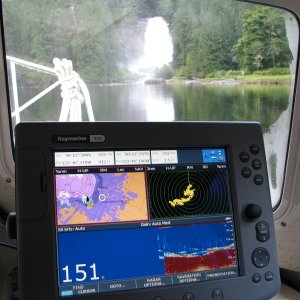 Pinpointing Chatterbox falls on the plotter display.  Yep, we were right there and the falls is down to half it's size in 6 hours.  And Yes, it is beyond my anchor depth here.