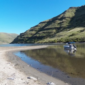 This is Kelly Bar, where I "anchored" for the night.  It is really the only sand bar on the reservoir.  I ran the boat aground and then walked the anchor up on the beach and stomped it into the sand.  "We're home."