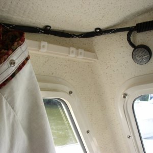 (Minnow) Curtain snap track detail. Made from Azek plastic lumber. Infinity Tweeter on right. Woofers are mounted in cabinets below facing forward.