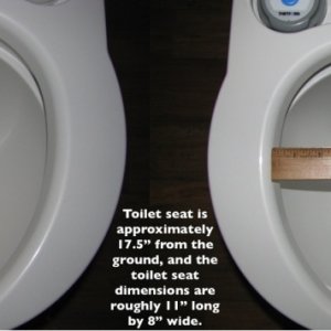 Media 'Thetford Curve Key Measurements' in album 'Thetford Curve vs Standard Home Toilet. As taken from Thetford's website, here are some of the specifications: 
- --Height: 17-5/8"	Fresh Water: 4.0 gal 
---Depth: 17-3/4" Waste Tank: 5.5 gal 
--- Width: 15-1/4" Average Flushes: 56 
--- Battery-powered flush'