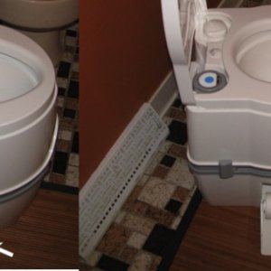 Media 'Theford Curve Built in toilet paper dispenser.  Incidentally, for those of you who are too shy to ask:  if you need to deal with solid waste, just pre-fill the bowl with water (with the valve closed of course), do your duty, then flush.  It works no differently then at home.  My wife and friends are extremely well pleased with the toilet enclosure and the function of this toilet that is so close to what we have at home.' in album 'Thetford Curve vs Standard Home Toilet. As taken from Thetford's website, here are some of the specifications: 
- --Height: 17-5/8"	Fresh Water: 4.0 gal 
---Depth: 17-3/4" Waste Tank: 5.5 gal 
--- Width: 15-1/4" Average Flushes: 56 
--- Battery-powered flush'