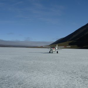 Landing on the ice at Nunya Lake