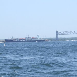 MA Maritime Academy ship and Cape Cod Railroad Bridge -- View from Hog Island Channel