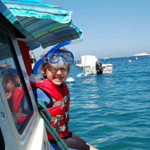 Under the parasol and ready to snorkel.  Isthmus, Catalina Island.