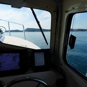 Media 'Nice calm day, crossing Rosario Strait on Saturday morning, Sept 16th 2017' in album 'Saturday morning Sept 16th, after staying Friday night at the marina dock. Note the power cord - it's heater season again!'