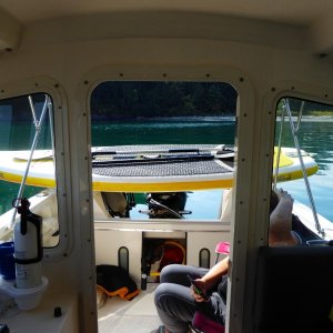 All set up to do some paddleboarding and kayaking. Also a rare Diana-on-boat sighting...sort-of.